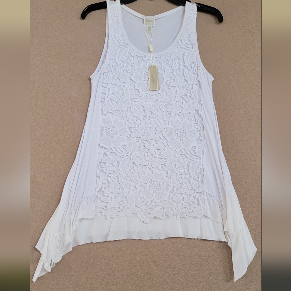 CUPIO White Lace Tank Top Women’s Size S New WT Sleeveless Flowy Hem